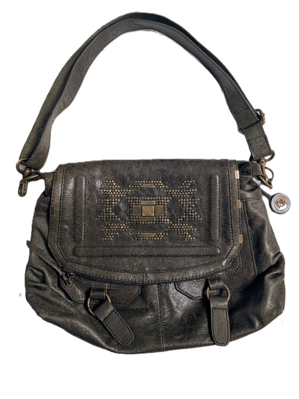 Y2K The Sak Olive Green Leather Studded Shoulder Bag Boho Geometric Grunge Emo
